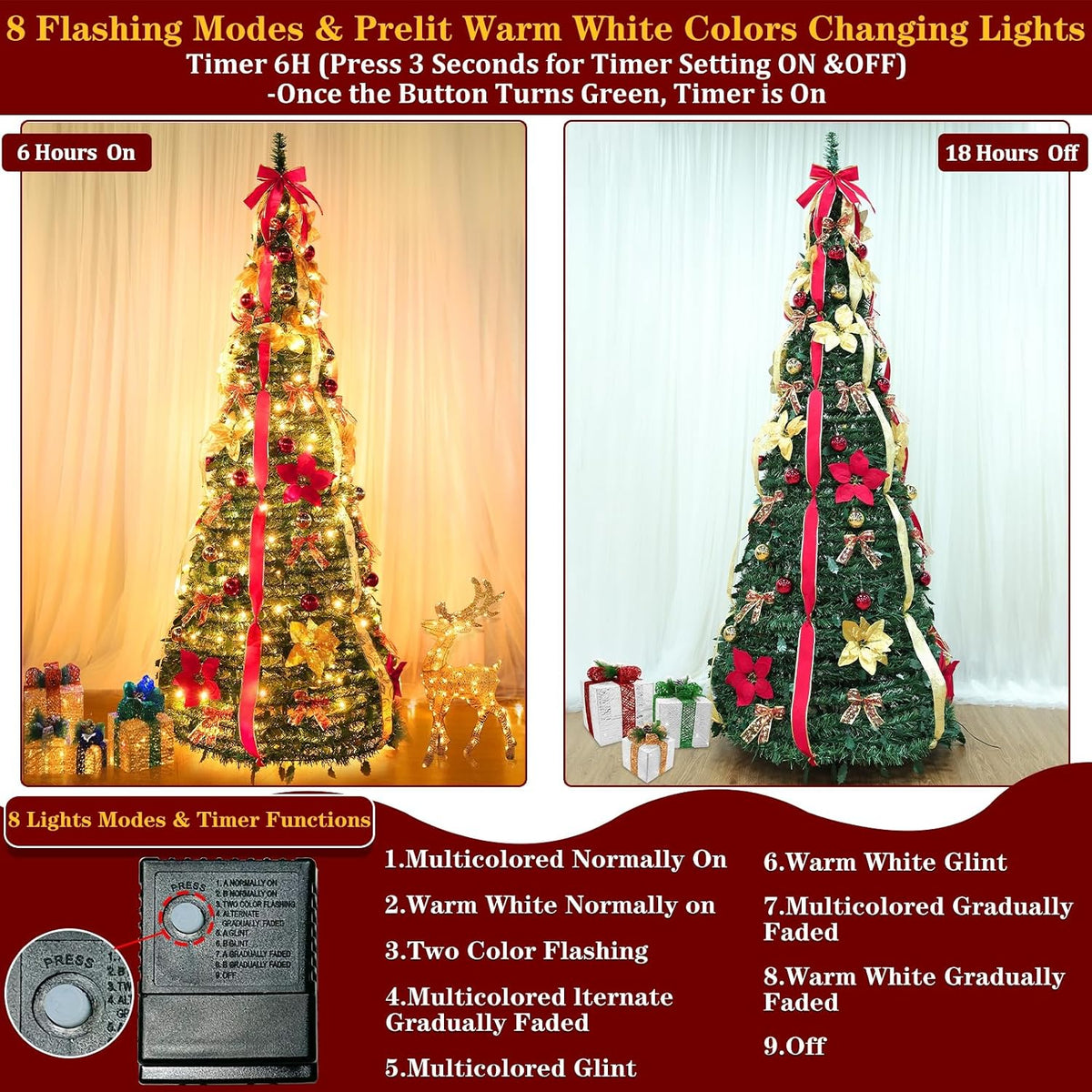 6.5 ft pop up christmas tree,prelit 200 warm showing dimensions