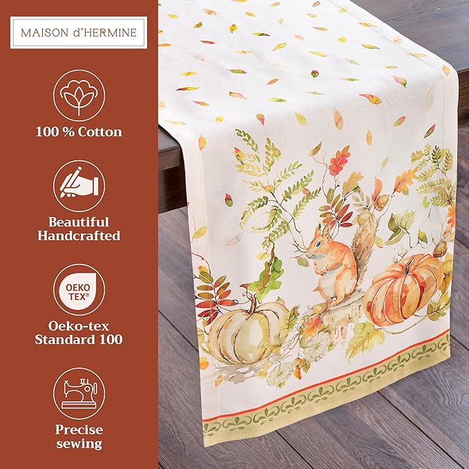 Maison d' Hermine Table Runner 100% Cotton Single Layer Table Runners 72 inches Long for Thanksgiving Christmas Decorations Home Kitchen Dining Party Wedding (Pumpkin Passion, 14.5" x 72")