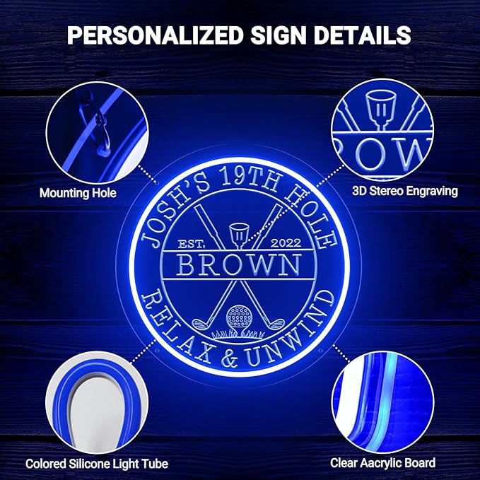 Custom LED 19th Hole Golf Neon Sign, Personalized Neon Name Signs for Wall Decor, Dimmable Light Up Signs Customizable for Golf Clubs Bar Man Cave Lounge Party Clubhouse, Golfer Men Dad Gifts