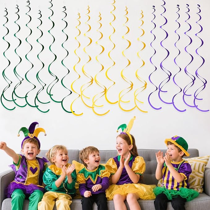 36 Pcs Green Yellow Purple Hanging Swirl Decorations Felt Swirl Streamer Spiral Ceiling Garland Banner for Mardi Gras Masquerade Theme Birthday Baby Shower Wedding Engagement Party Decor Supplies