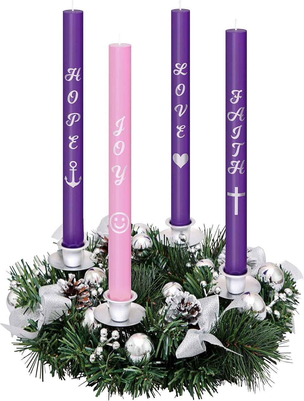 Advent Candles Set of 4 - Premium Printed Script Silver Letters & Pictures – Use with Advent Candle Holders, Advent Wreaths and Advent Rings - Dripless Taper Advent Candle for Christmas Church Décor