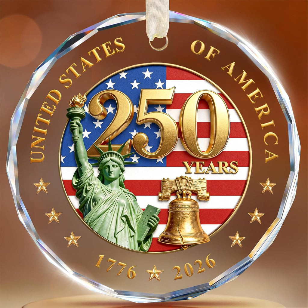 250 Anniversary USA Ornament for 4th of July Decorations - Crystal Glass Patriotic Christmas Ornaments - 1776-2026 Statue of Liberty Bell & US Flag Keepsake for Veterans Day and Holiday Gifting