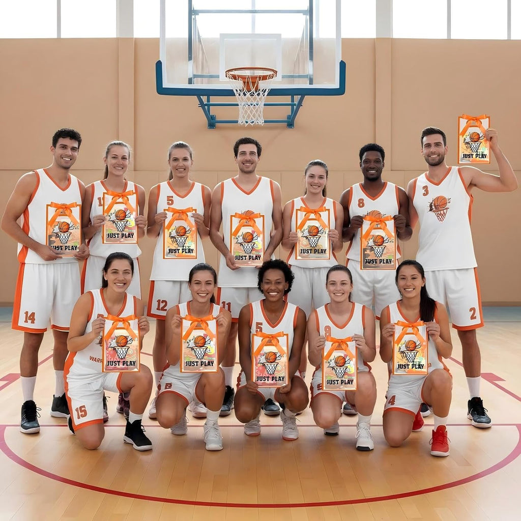 Aliceset 12 Pcs Basketball Clear Goodie Bag with Die Cut Handles and Ribbons Sport Theme Party Favor Bags for Basketball Team Snack Wrapping Teamer Gifts Birthday Party Treats Supplies, 7x10x3.15 Inch
