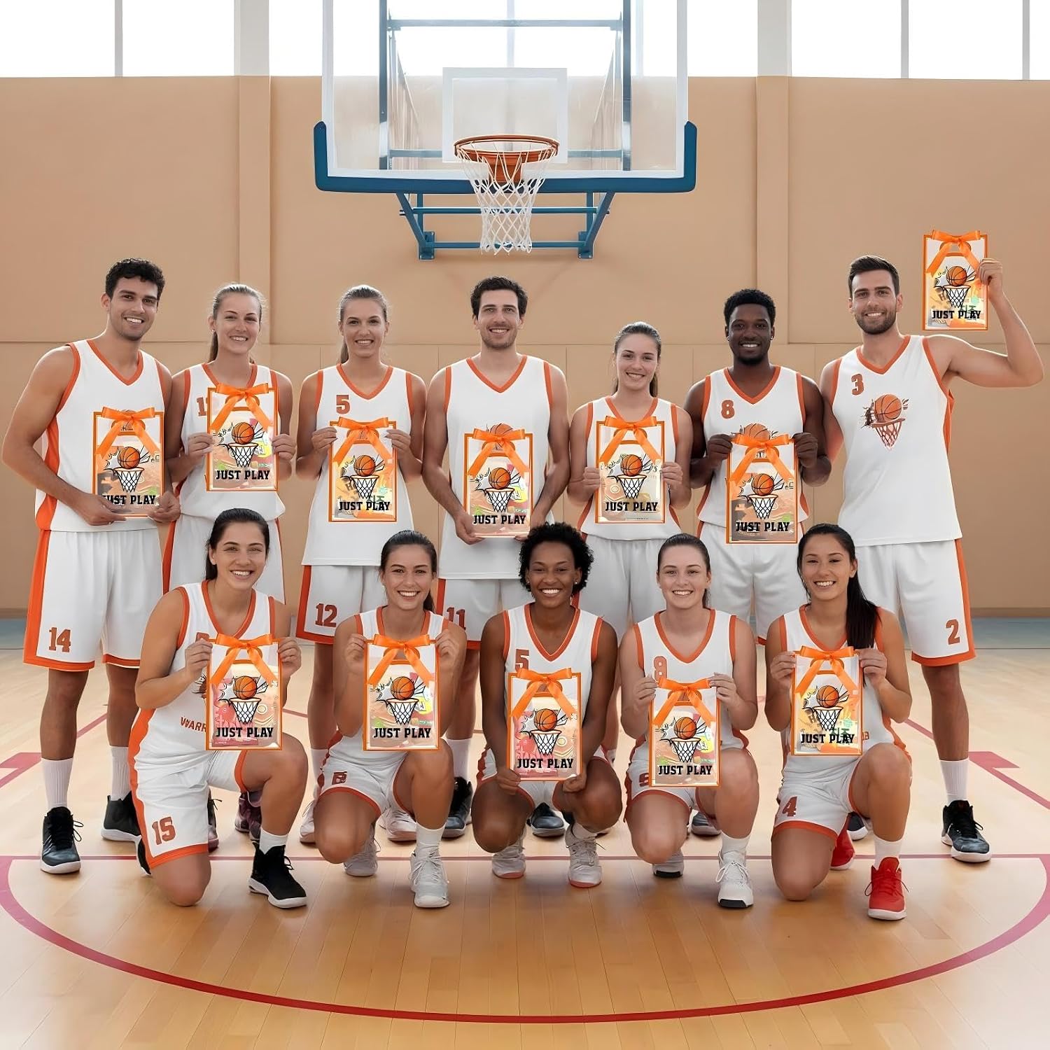 Aliceset 12 Pcs Basketball Clear Goodie Bag with Die Cut Handles and Ribbons Sport Theme Party Favor Bags for Basketball Team Snack Wrapping Teamer Gifts Birthday Party Treats Supplies, 7x10x3.15 Inch