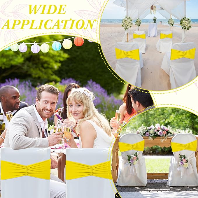 Moukeren 100 Pcs Spandex Chair Sashes Bows Bands Slider Sashes for Chair Covers Elastic Bands Ties Ribbon Decorations for Wedding Party Events Ceremony Birthday Banquet(Yellow)