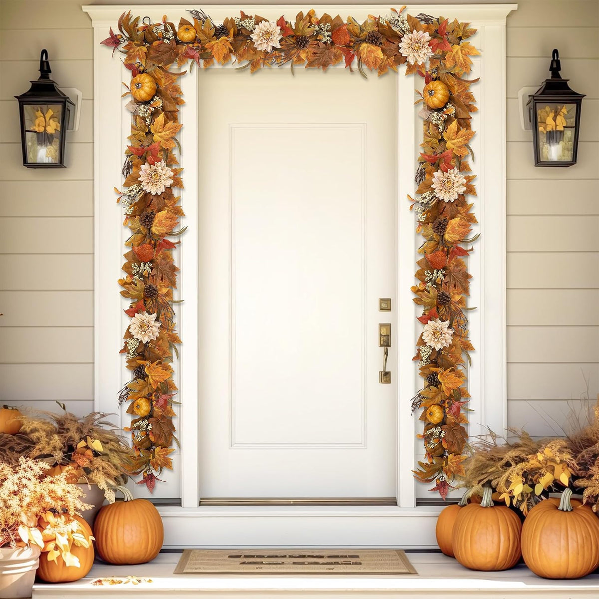 fall garland 6ft lifelike autumn maples leaf pumpkin, close-up detail