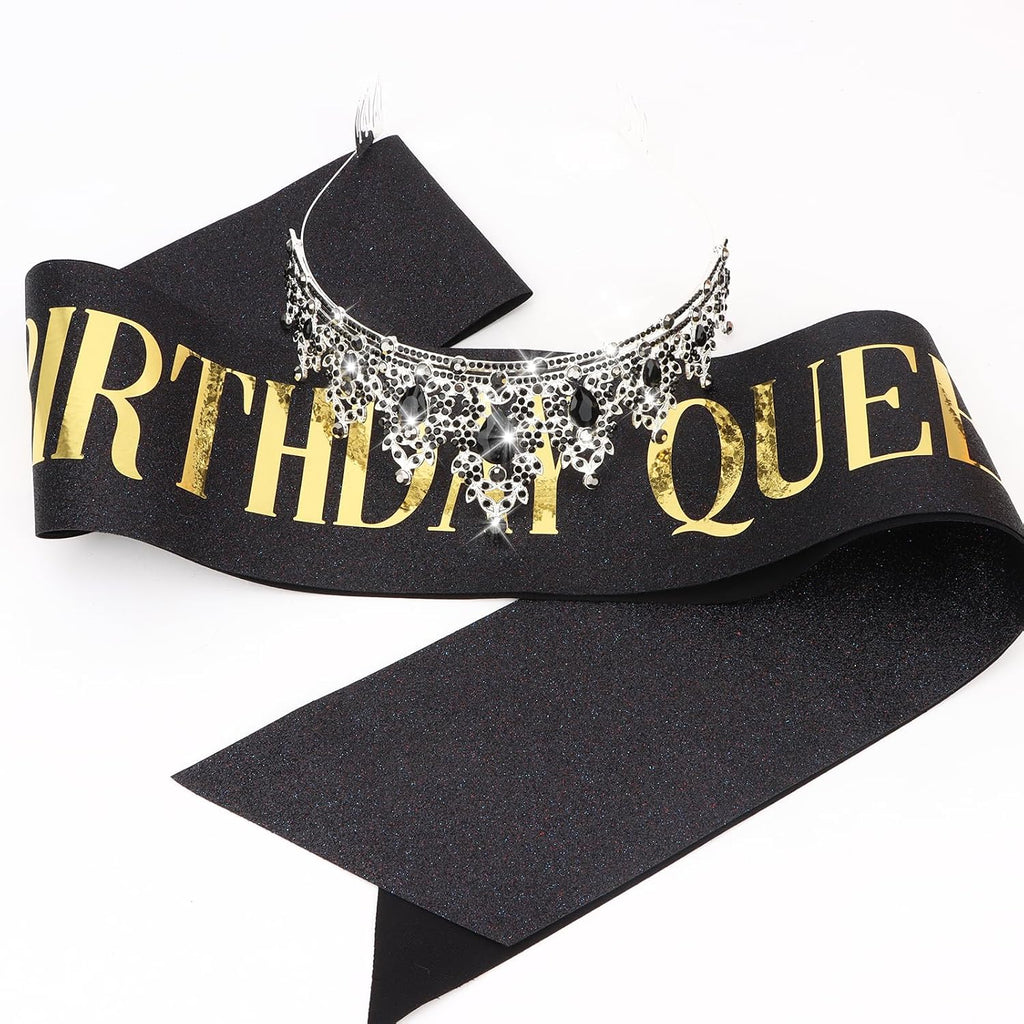 CAVETEE Black Birthday Headband for Women， Birthday Queen Crown and Sash Black Party Decorations for Women