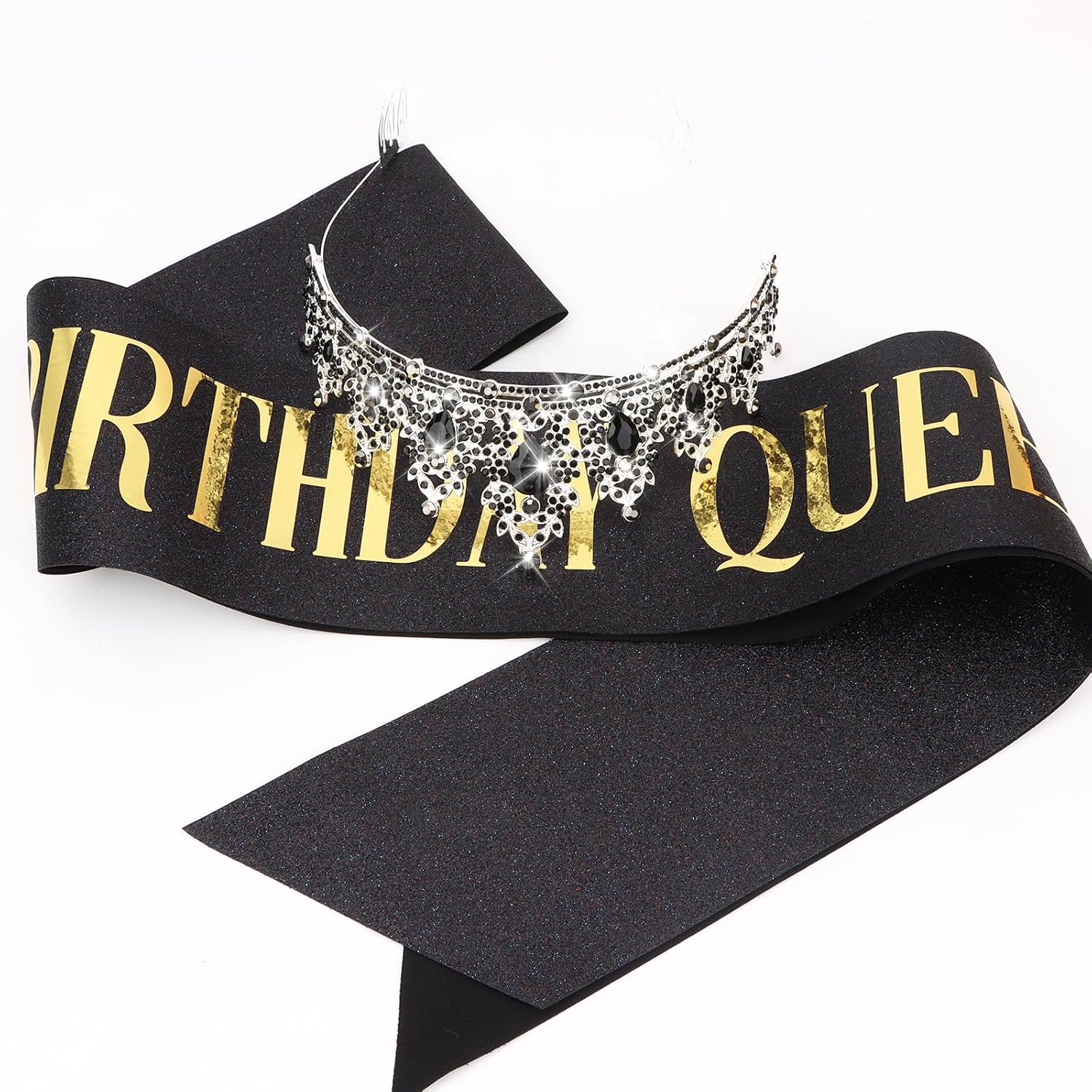 CAVETEE Black Birthday Headband for Women， Birthday Queen Crown and Sash Black Party Decorations for Women