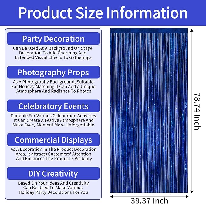 Picoway 4 Pack Foil Fringe Tinsel Backdrop Curtains, Birthday Engagement Bachelorette Party Decorations, Photo Booth Props Door Streamers Curtain (Blue)