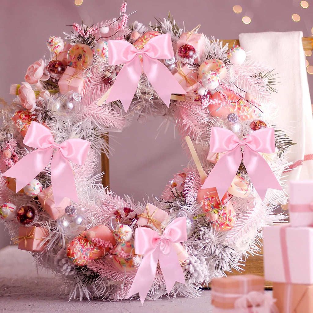 24 Pcs Pink Satin Ribbon Bows Christmas Tree Decorations, Christmas Wreath Bow Topper for Xmas Gift Packaging Home Wreath Fence Fireplace Wedding Party Decor
