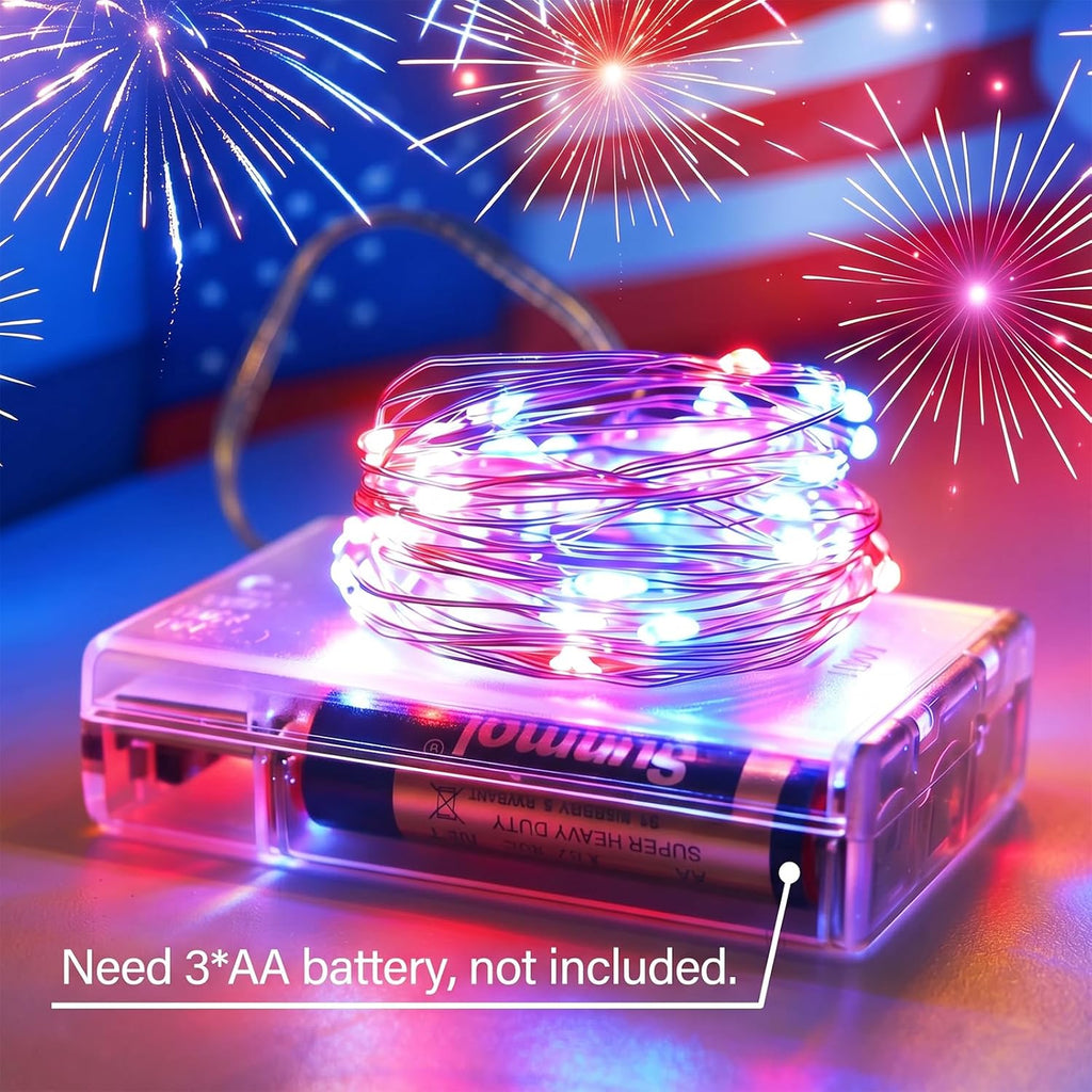 4th of July Patriotic Decorations, Red White Blue Fairy String Lights, Battery Operated with Timer, 2 Pack Total 33FT 100 Led Mini Battery Powered Mason Jar Firefly Lights DIY Party Memorial Day