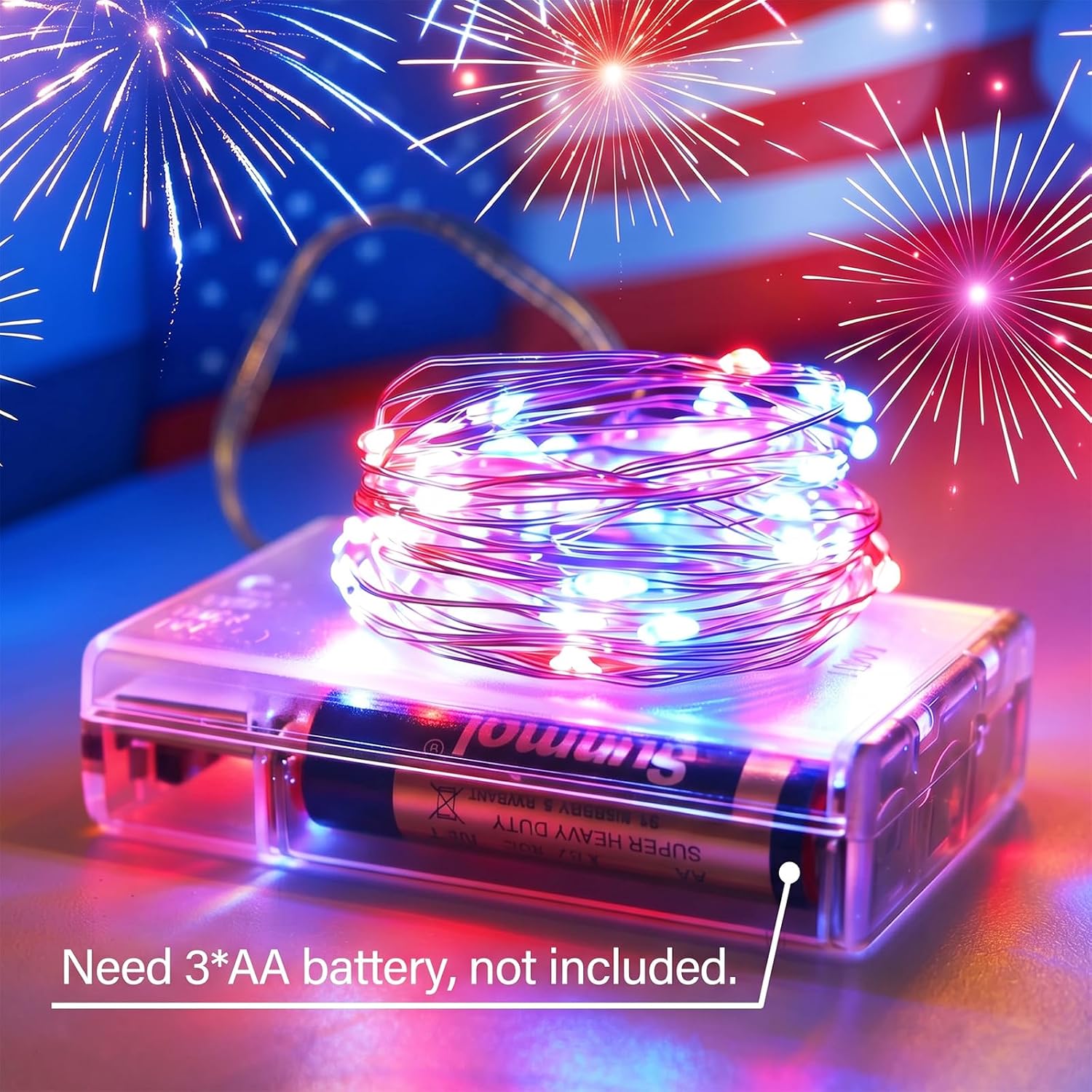 4th of July Patriotic Decorations, Red White Blue Fairy String Lights, Battery Operated with Timer, 2 Pack Total 33FT 100 Led Mini Battery Powered Mason Jar Firefly Lights DIY Party Memorial Day