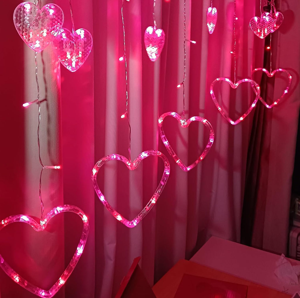 Efunly Valentines Day Decor Lights,138 LED 12-Heart-Shaped String Lights Waterproof,8 Modes Connetable 29V Plug in Curtain Lights for Kids Bedroom Wedding Party Valentines Day Decoration (Red+Pink)