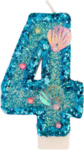 Blue Number Candle,Shell Sequins Number Candles for Birthday Cakes Mermaid Themed Party Supplies Number 4 Candle