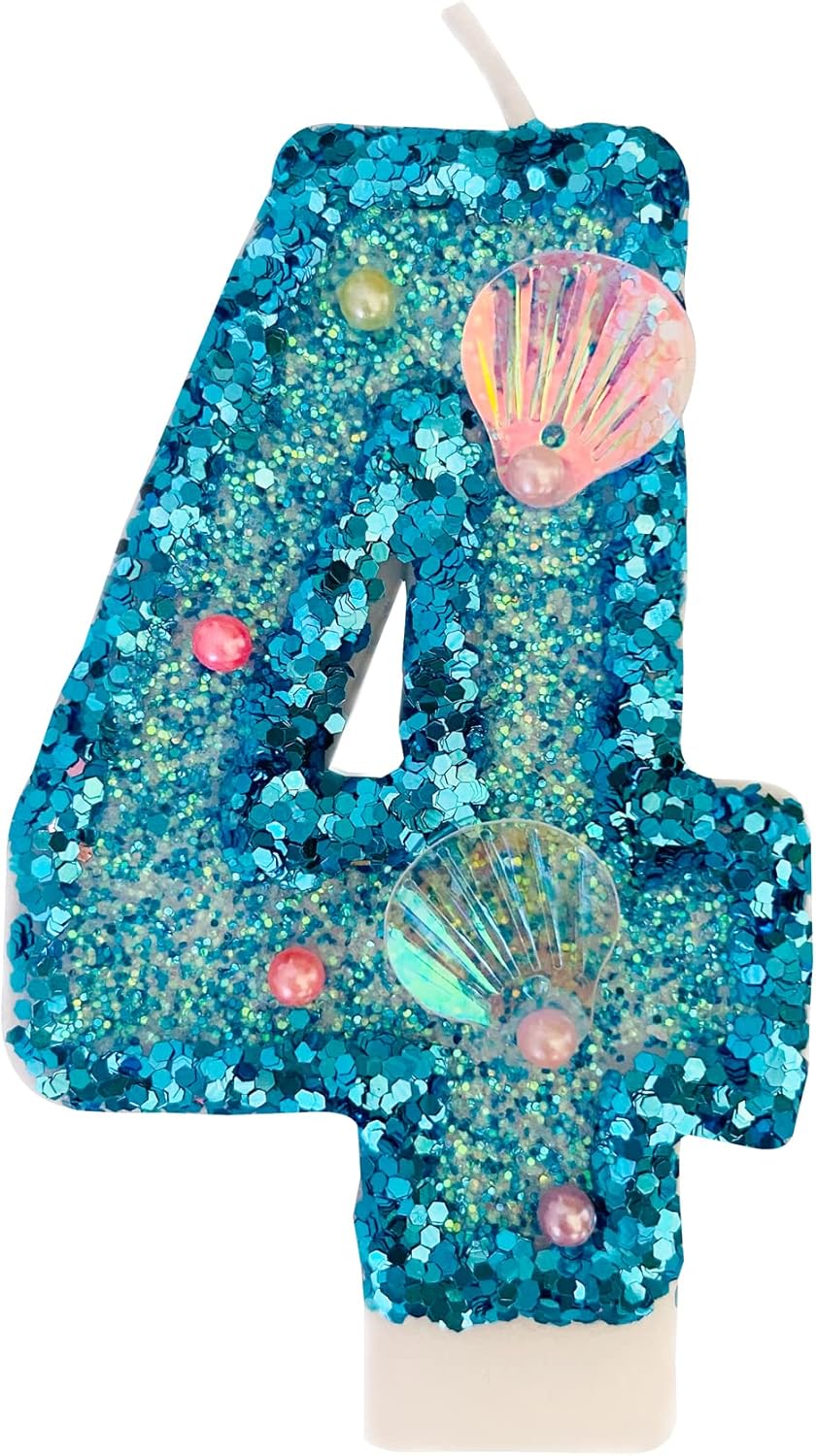 Blue Number Candle,Shell Sequins Number Candles for Birthday Cakes Mermaid Themed Party Supplies Number 4 Candle