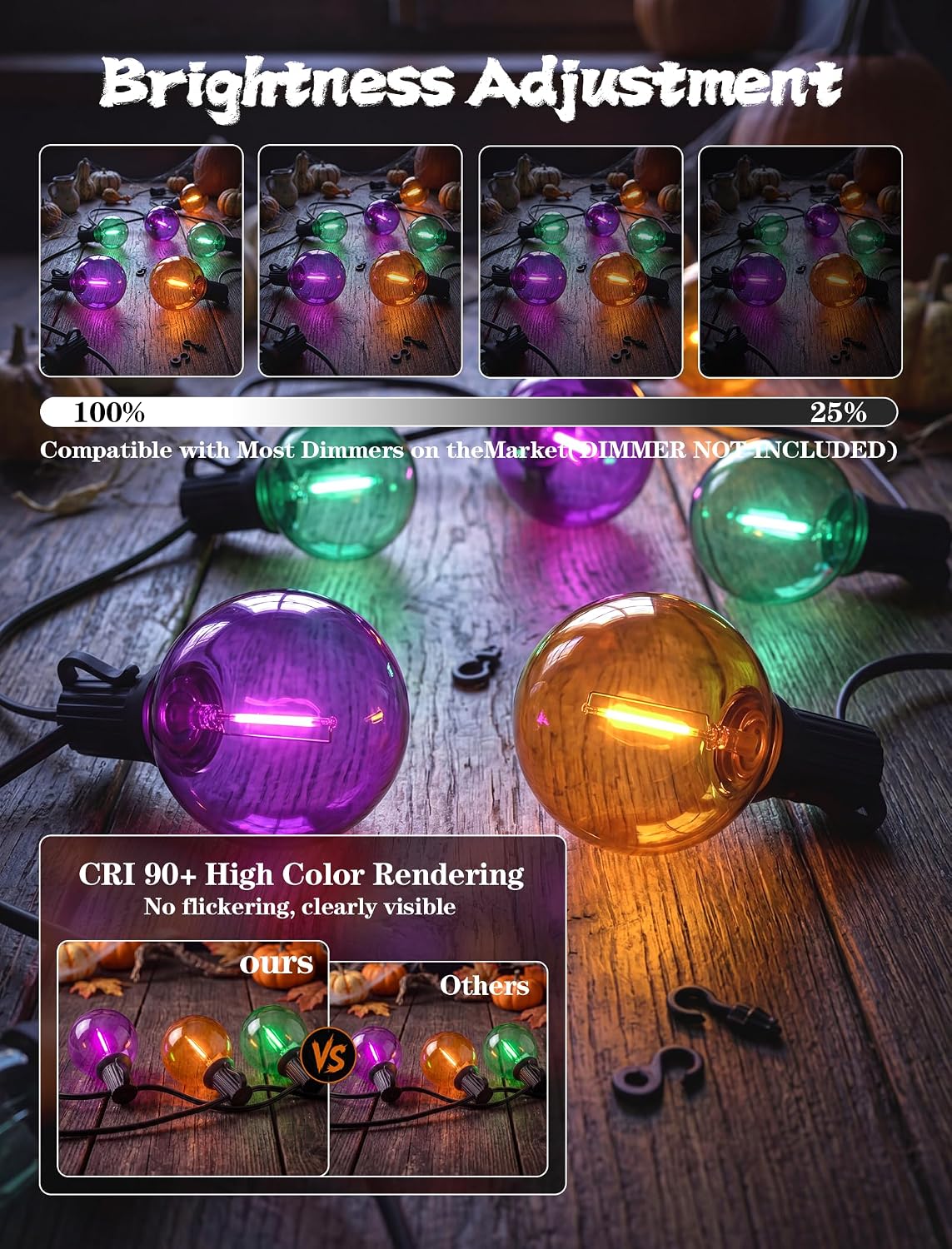 50FT Halloween String Lights with 25 G40 LED Orange Green Purple Bulbs