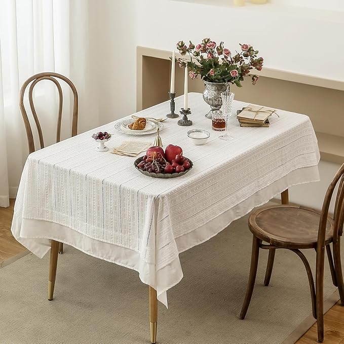 patdrea Designer Vintage Cotton White Lace Tablecloth for Rectangle Tables,French Country Cottage Embroidered Table Cloth Art Decor for Kitchen Wedding Patries Banquet Christmas,59"*91"