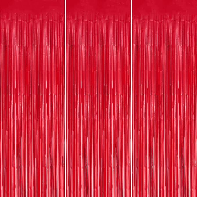 3 Pack Foil Fringe Backdrop - Pastel Red Shiny Tinsel Curtains for Party Decoration/Photo Booth Props - 3.3x8.2 FT Metallic Foil Backdrop for Birthday, Wedding, Graduation, Christmas.