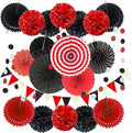 ZERODECO Party Decoration, 21 Pcs Black and Red Hanging Paper Fans Pom Poms Flowers, Garlands String Polka Dot and Triangle Bunting Flags for Minnie Mouse Birthday Parties Baby Showers Wedding