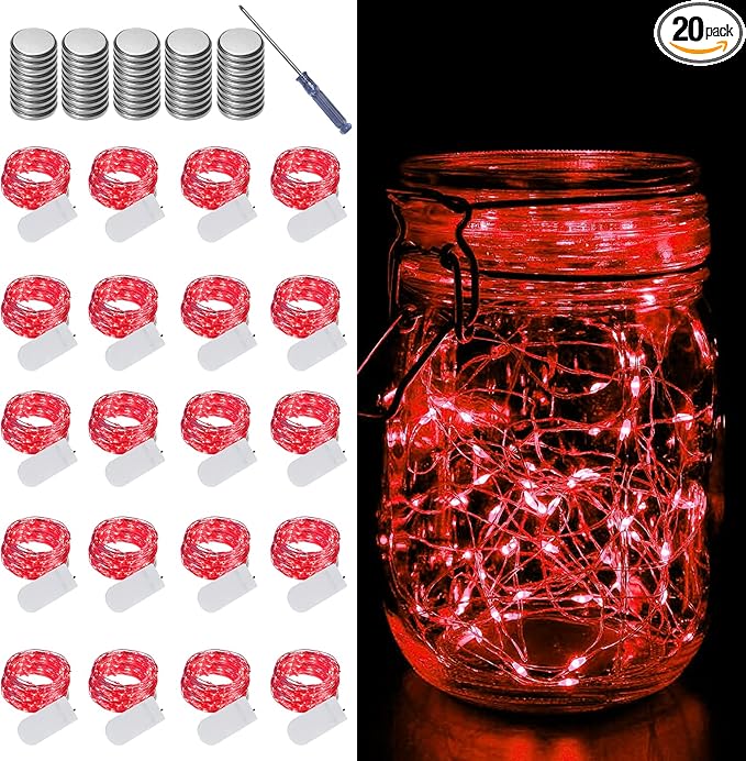 LAMPHOME 20 Pack Fairy Lights Battery Operated String Lights, 20 LED on 6.6FT Silvery Copper Wire, Firefly Fairy String Lights for Wedding Party Mason Jar Christmas Decorations Bedroom Decor(Red)