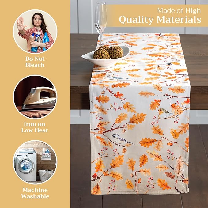 Maison d' Hermine Table Runner 100% Cotton Double Layer Table Runners 72 inches Long for Thanksgiving Christmas Decorations Home Kitchen Dining Party Wedding (Oak Leaves, 14.5" x 72")