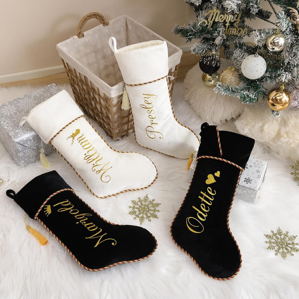 Personalized Christmas Stockings 1 Pack White Black Custom Christmas Stockings with Names Initials 20" Large Velvet Luxury Modern Kids Family Xmas Stocking for Farmhouse Holiday Fireplace