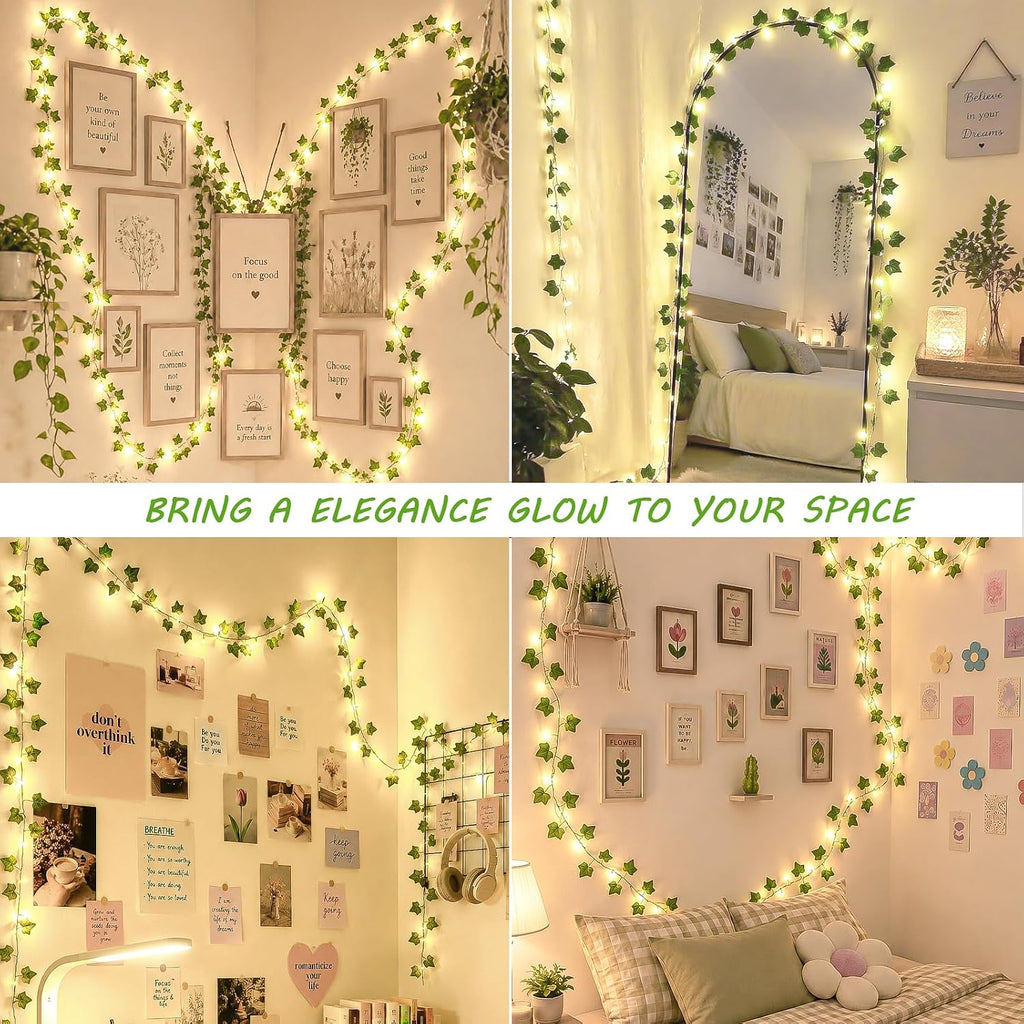 HEYFUNi 23ft Pre-Wrapped Ivy Vine Lights with 73 LEDs, USB or Battery Operated Artificial Greenery Garland for Bedroom Aesthetic, Dorm Room, Wedding Backdrop, Boho Wall Decor, Warm White