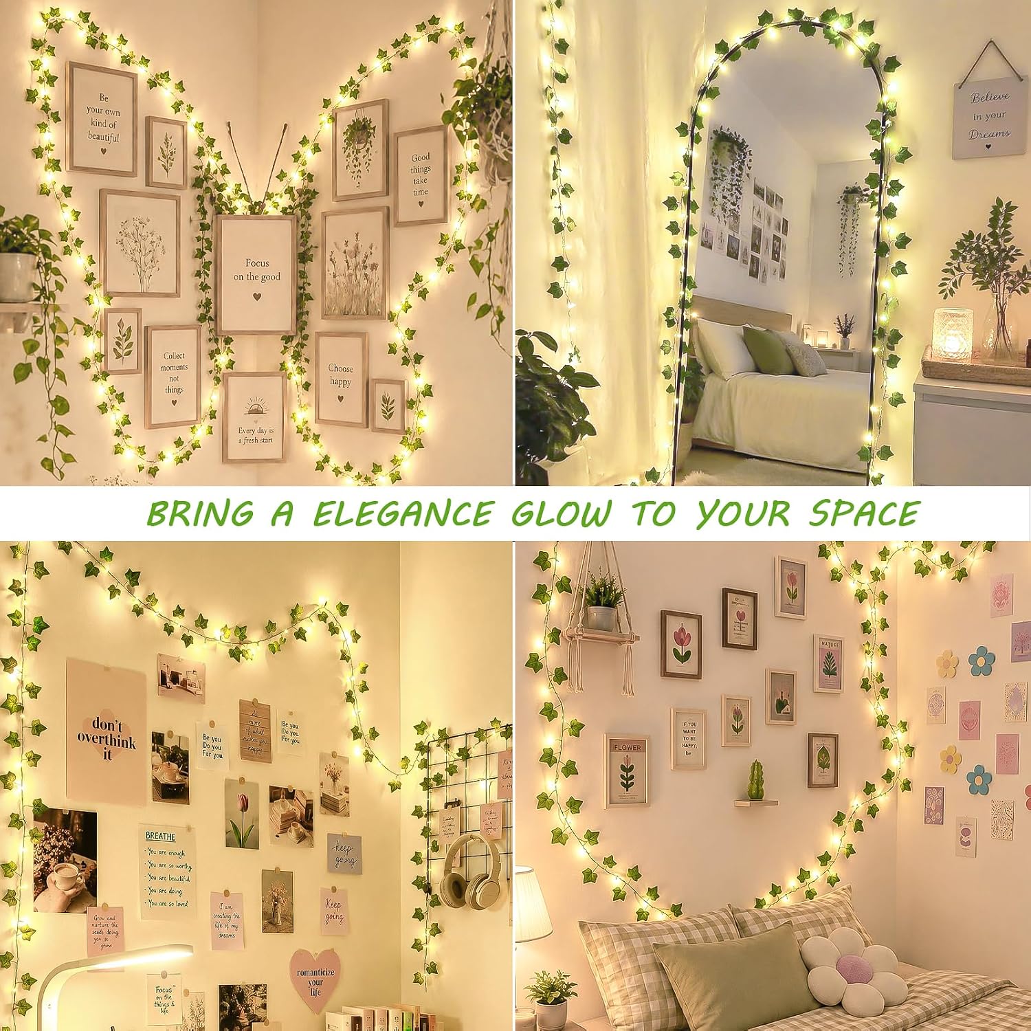 HEYFUNi 23ft Pre-Wrapped Ivy Vine Lights with 73 LEDs, USB or Battery Operated Artificial Greenery Garland for Bedroom Aesthetic, Dorm Room, Wedding Backdrop, Boho Wall Decor, Warm White