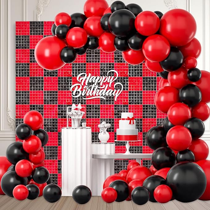12PCS Black Red Shimmer Wall Backdrop, Square Sequin Photo Backdrops Panel, Glitter Wall Background for Birthdays, Weddings, Christmas, Halloween, Disco Bachelorette Party Decor (3FTx4FT)