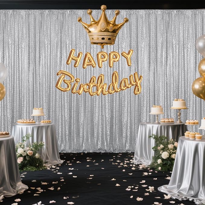 Silver Sequin Backdrop Curtain 4 Pieces 2FTx8FT Glitter Photography Backdrop for Party Wedding Birthday Christmas Decorations