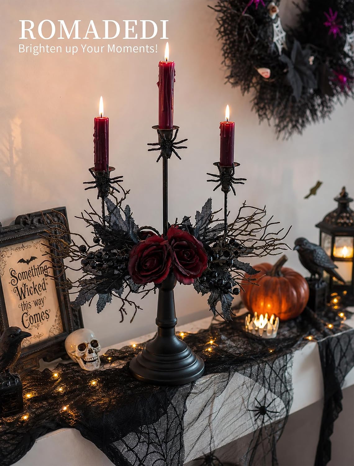 Romadedi Black Halloween Candelabra, Gothic Candlestick Holder, 15.7 in