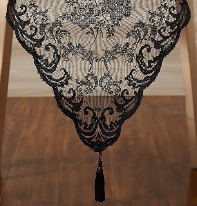 LinenZone Black Table Runner with 2 Tassels for Rustic Vintage Decor. Lace Table Runner Works Great As Wedding, Thanksgiving Or Christmas Decor. (Mia 14 x 96, Black)
