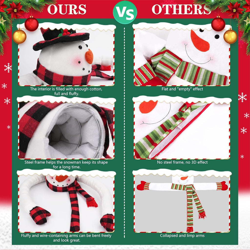 Christmas Snowman Tree Topper, Large Plush Snowman Treetop Hugger with Red and Black Buffalo Plaid Hat & Scarf, Fluffy Xmas Tree Ornament Holiday Winter Wonderland Home Party Decorations Supplies