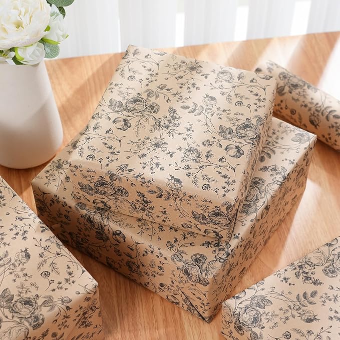 Ulmasinn Kraft Floral Wrapping Paper Roll - 17 Inches x 33 Feet - Vintage Black Floral Design with Cut Lines for Upscale Gifts, Birthday, Bridal Shower, Wedding, Mother’s Day, Valentine's Day