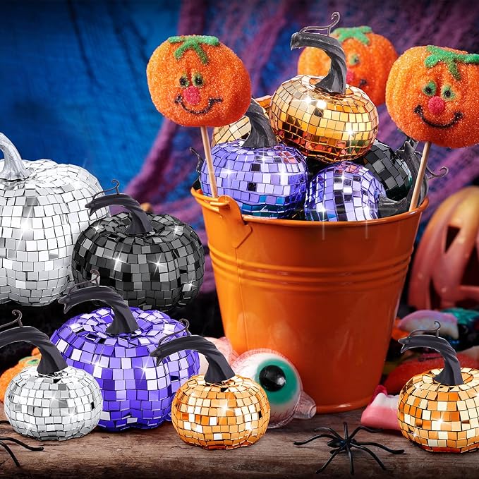 Lenwen 12 Pcs Artificial Disco Pumpkin Glitter Mirror Pumpkin for Decorating Fall Farmhouse Hanging Ornament Harvest Decor for Halloween Thanksgiving Table Centerpiece(Orange, Sliver, Black, Purple)