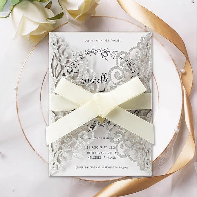50Pcs Laser Cut Wedding Invitation With Glitter Envelopes And Ribbons Blank Personalized Card Invitaciones Para quinceañera Birthday Baby Shower Christmas Party Bridal Shower (Silver)