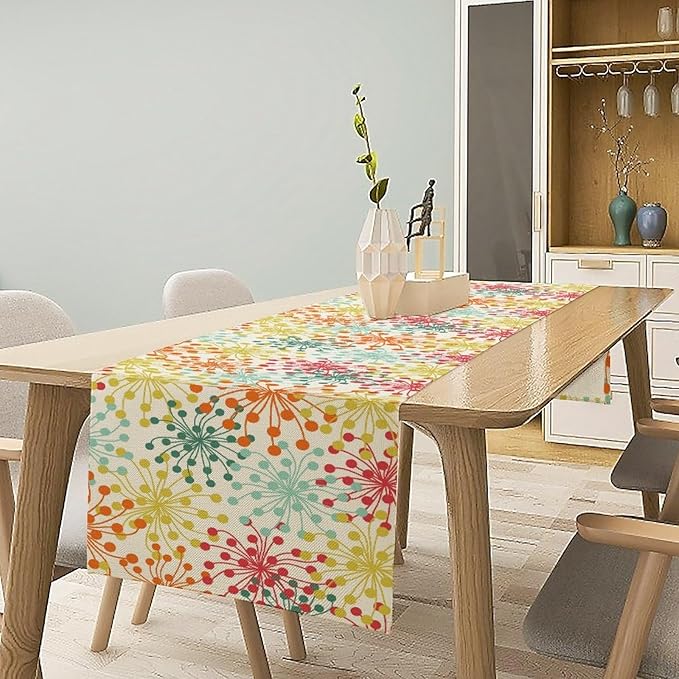 Mid Century Flower Table Runner, Colorful Geometric Abstract Chrysanthemum Vintage Farmhouse Decorations Orange Yellow Gray Table Runner for Kitchen Dining Holiday Party Decor, 13x108 Inch