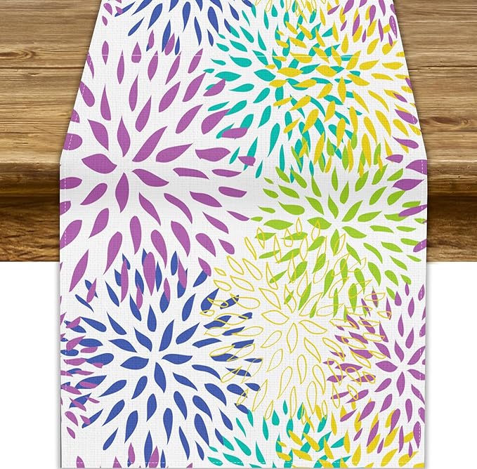 Purple Flowers Table Runner, Chrysanthemum Dahlia Vintage Modern Colorful Spring Summer Elegant Table Runner for Party Kitchen Dining Living Room Laundry Room Decor, 13x60 Inch