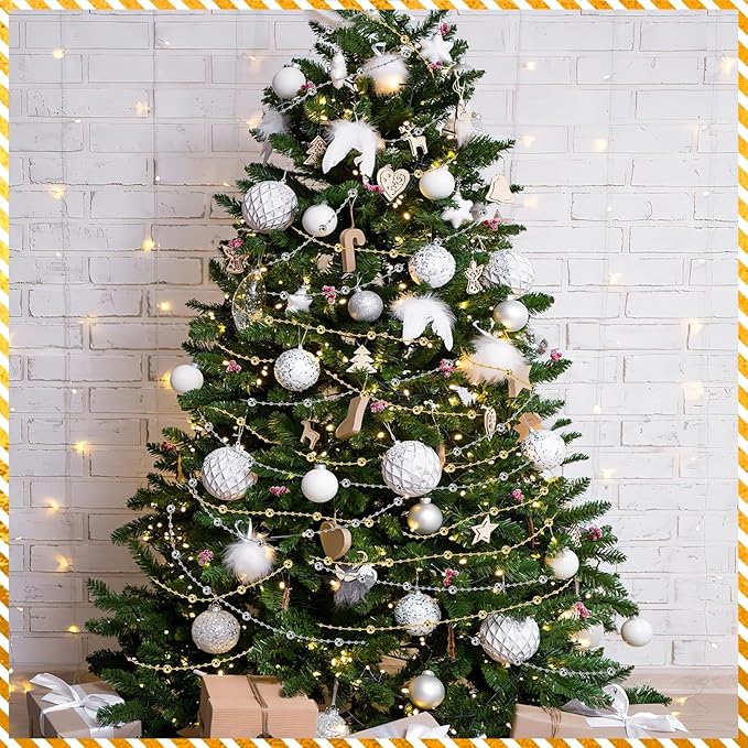 JULBEAR Beads Garland Decoration, 1Rolls 131Feet Silver Christmas Pearl Strands Chain Bead Garland for Christmas Tree Fireplace Wreath Gift Bouquet Crafts Wrapping Party Centerpieces Decoration