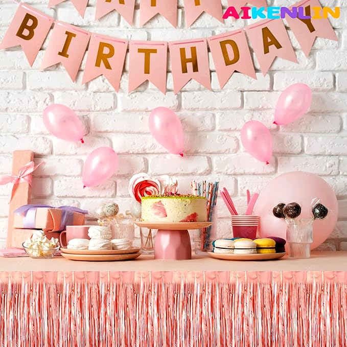 6 Pack 29x108 Inch Metallic Foil Fringe Tinsel Table Skirts Banner for Rectangle Tables Streamer Garland Curtains Backdrop for Wedding, Birthday, Parade Floats, Christmas Party Decoration(Rose Gold)