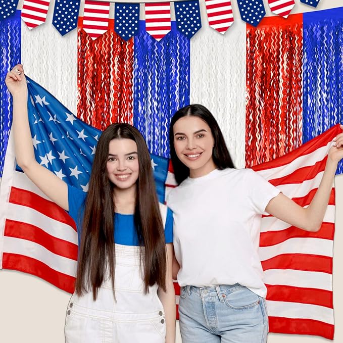 6 Pack 29x108 Inch White Blue Red Wave Foil Fringe Table Skirts Metallic Banner for Tinsel Streamer Garland Backdrop for Parade Floats Wedding, Mother's Day, Birthday Mardi Gras Party Decorations