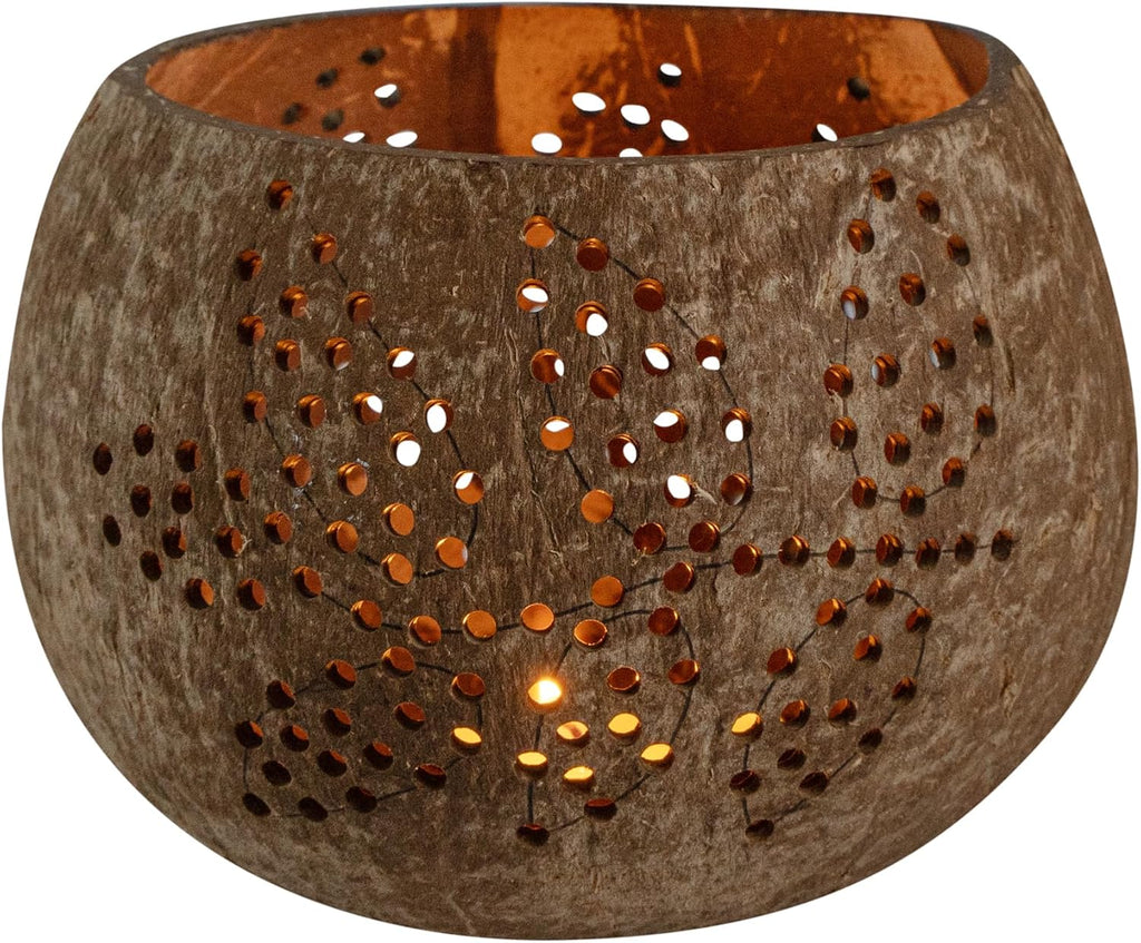 Restaurantware-Coco Casa 4 x 3.3 Inch Coconut Shell Candle Holders, 10 Reusable Tealight Holders - Candle Not Included, Leaf Pattern, Brown Coconut Bowls For Candles, Handcrafted