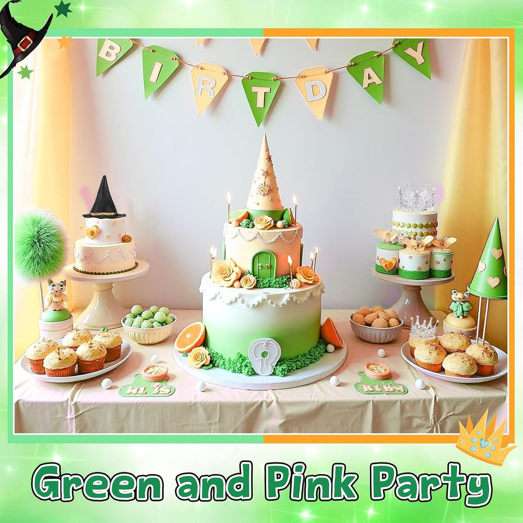 Reallnaive Witch Theme Party Cake Decoration Silver Crown Black Witch Hat Cake Topper Supplies for Movie Theme Party Princess Birthday Pink and Green Celebration Decoration (Cute Crown)