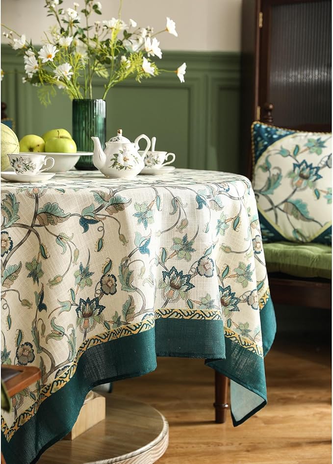 patdrea Designer Green Small Square Table Cloth,Vintage Floral Linen Durable Breathable French Tablecloth,Dacorative Cover for Kitchen Dining,Christmas,Thanksgiving,Tea Party,55"x55"-Noah