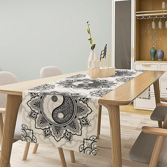Yin Yang Table Runner, Bohemian Mandala Vintage Black White Traditional Oriental Floral Print Table Runner for Home Kitchen Dining Table Wedding Party Decor, 13x70inch