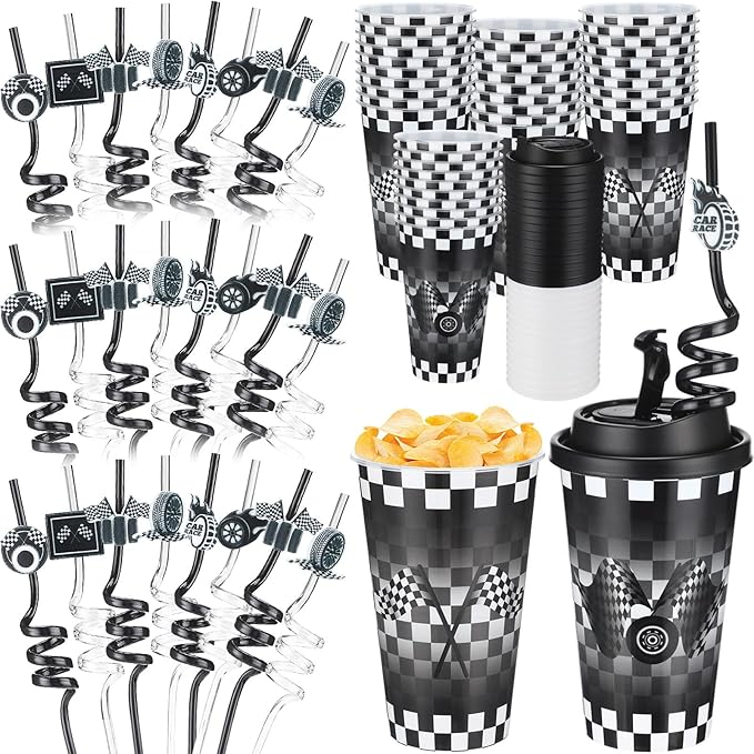 Yungyan 16 Sets Checkered Flag Party Favors Goodie Cups with Lids and Straws for Birthday Decorations Reusable 16oz Plastic Candy Cups Plastic Straws for Birthday Party (Checkered Flag)