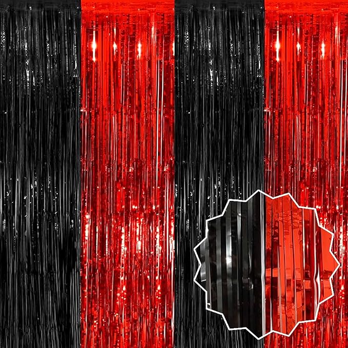 6 Pack Black and Red Foil Fringe Curtains Backdrop, 3.28 x 8.2 Ft Metallic Streamers Tinsel Curtains Background for Photo Booth, Birthday, Weddings, Carnivals, Graduation, Themed Party Decorations