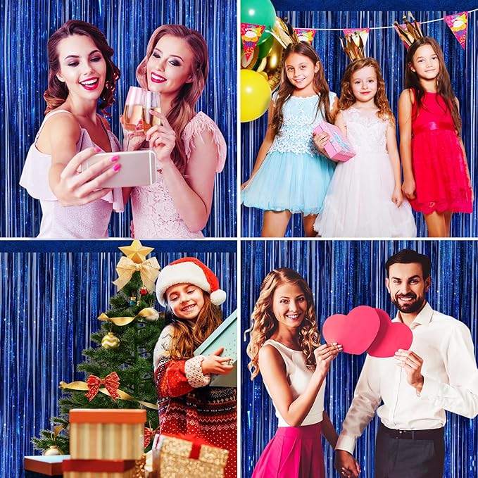 Picoway 4 Pack Foil Fringe Tinsel Backdrop Curtains, Birthday Engagement Bachelorette Party Decorations, Photo Booth Props Door Streamers Curtain (Blue)