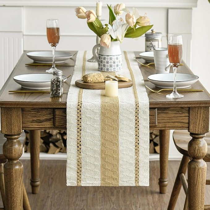 Artoid Mode Burlap Brown Farmhouse Woven Rustic Table Runner, Seasonal Holiday Hollow Kitchen Dining Table Decoration for Home Party Decor 12x36 Inch