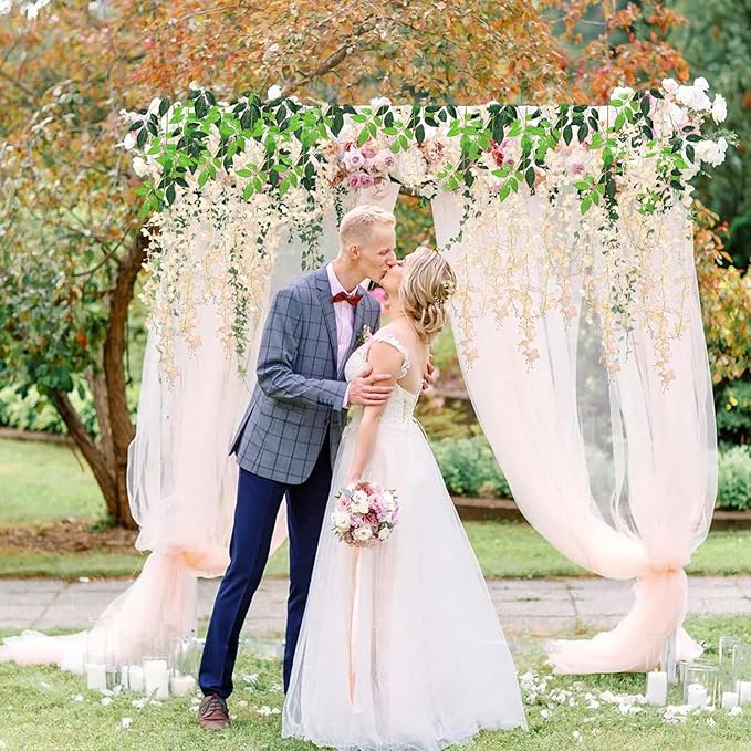 5 Pack Champagne Wisteria Hanging Flowers, 3.44 Ft Fake Hanging Flowers, Artificial Wisteria Garland Vines for Wedding Room Backdrop Outdoor Patio Garden Decoration